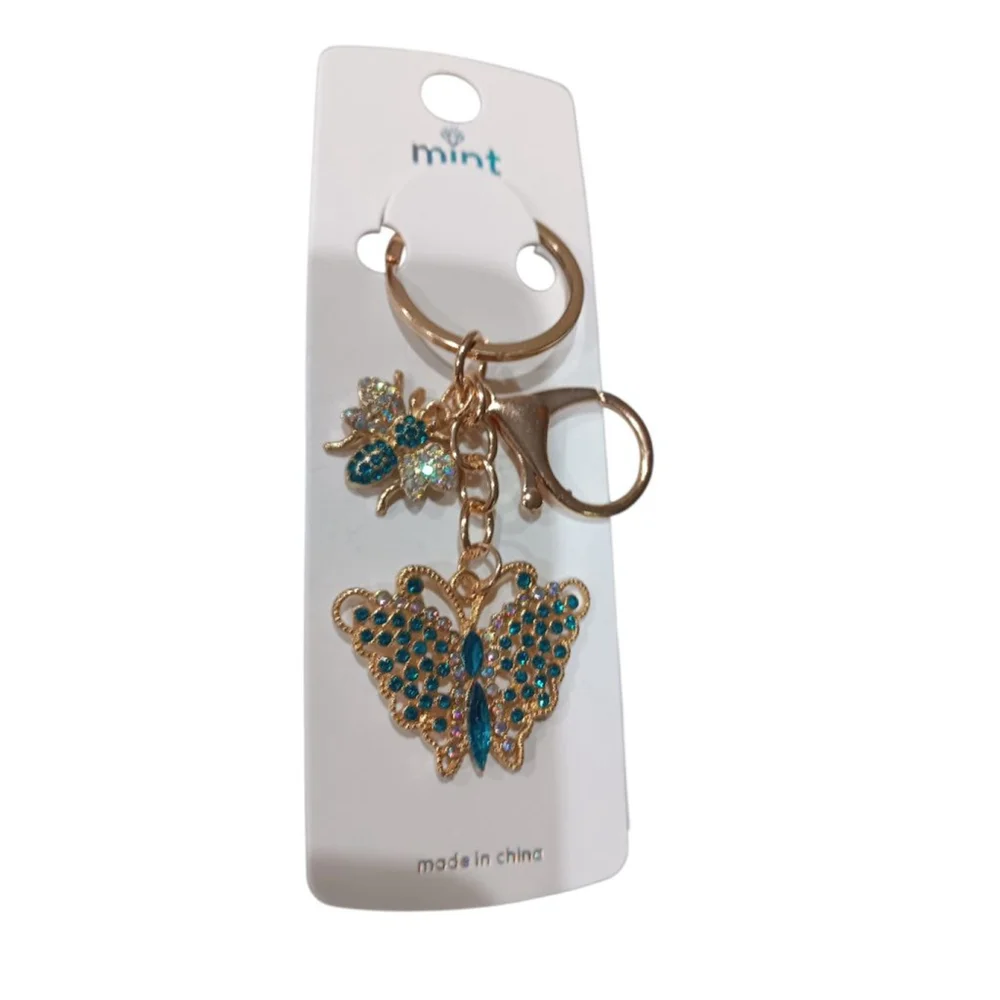 Beautiful Blue Rhinestone Butterfly Bumblebee Gold Tone Keychain Purse Charm
